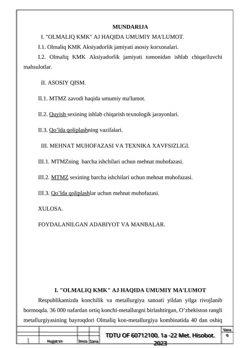 Kurs ishi "AGMK" AJ haqida umumiy malumot 2