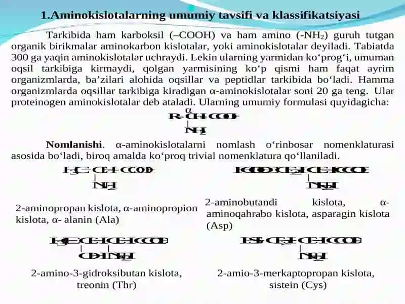 Aminokislotalar, kimyoviy xossalari va stereokimyosi 2