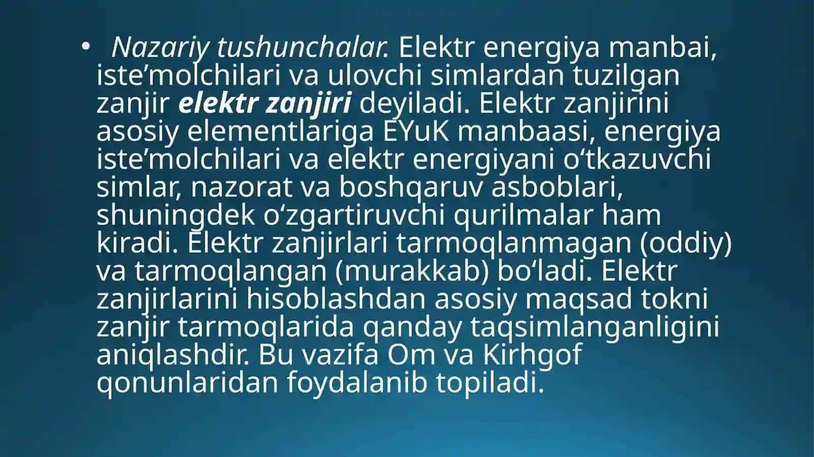 O‘ZGARMAS TO’K ELEKTR ZANJIRINI TEKSHIRISH. REZISTOR, INDUKTIV G’ALTAK VA KONDENSATOR ELEMENTLARI KETMA-KET ULANGAN BIR FAZALI SINUSOIDAL O‘ZGARUVCHAN TOK ZANJIRINI TEKSHIRISH. 2