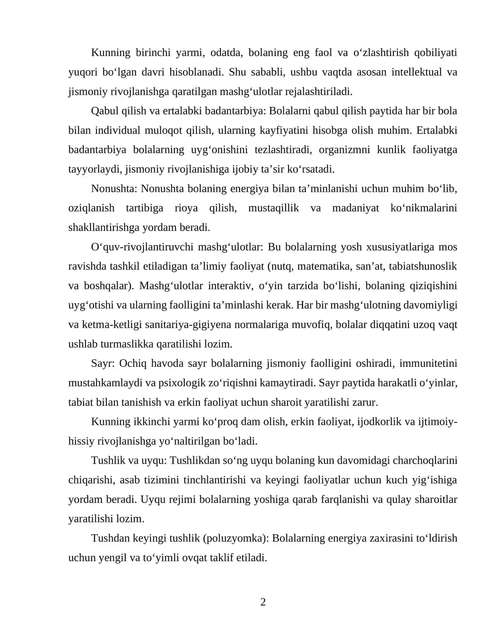 MAKTABGACHA TA’LIM TASHKILOTLARIDA KUNNING BIRINCHI VA IKKINCHI YARMIDA BOLALAR HAYOTINI TASHKIL QILISH 2