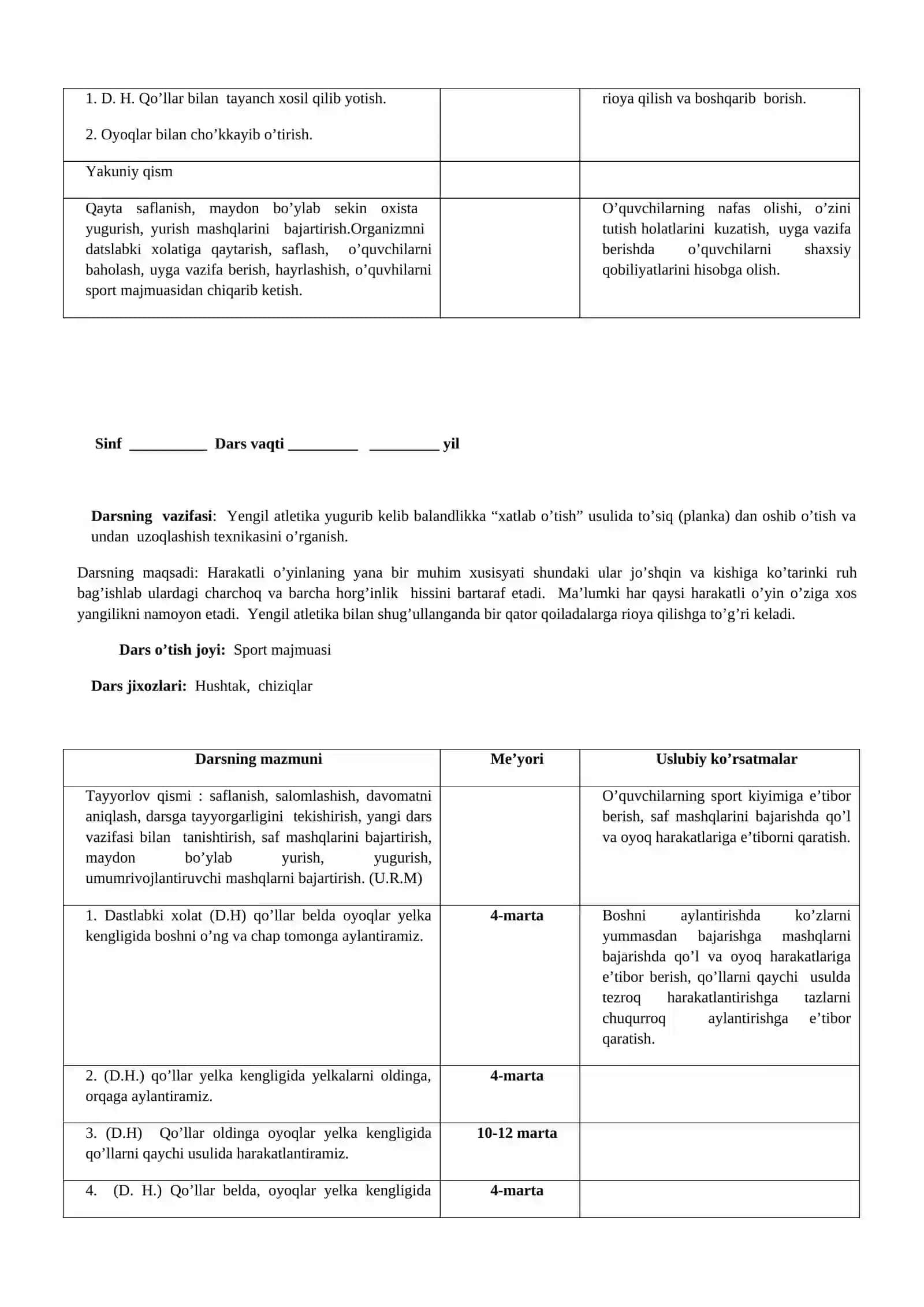 7-sinf Jismoniy tarbiya fanidan mavzuiy-taqvimiy rejalashtirish 2