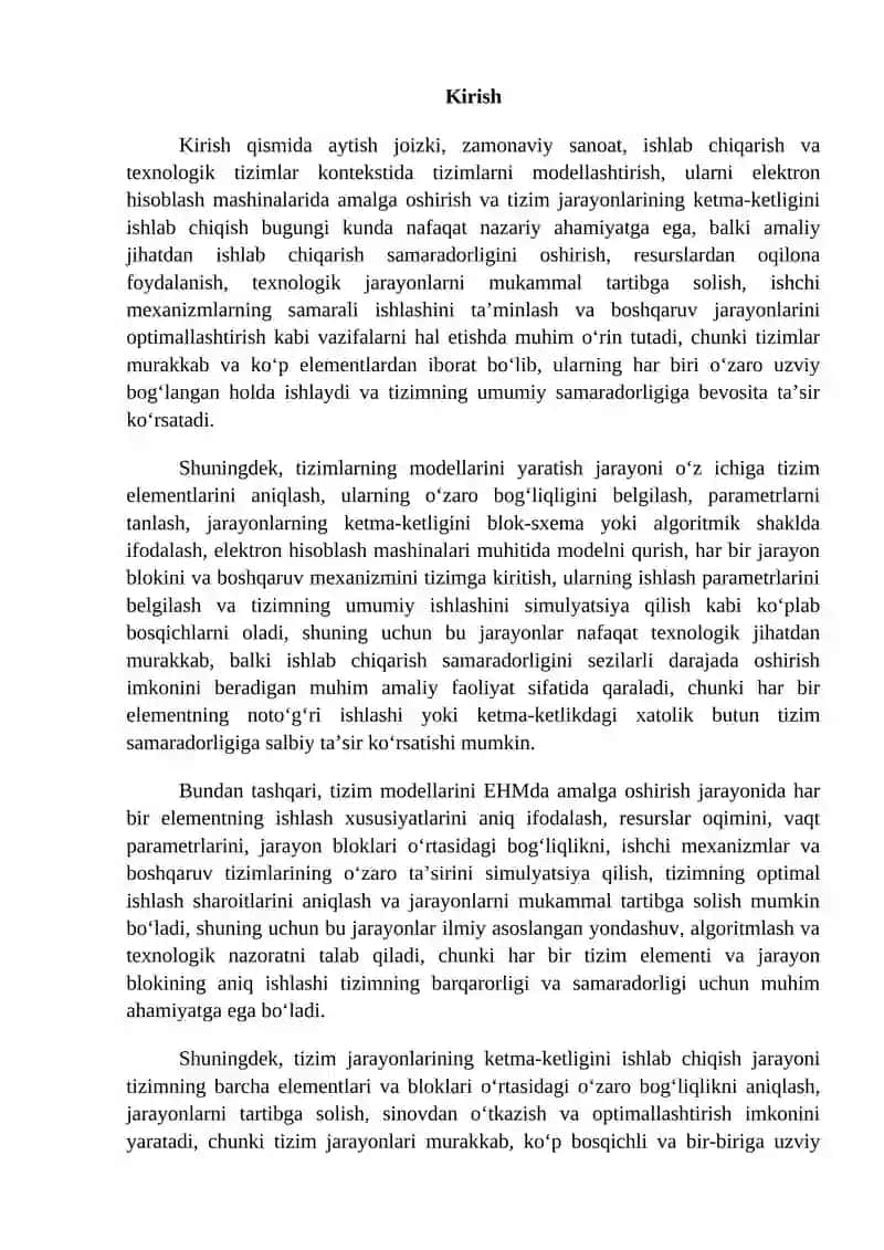 Tizimlarning modellarini EHMda amalga oshirish va ularning ketma ketligini ishlab chiqish 2
