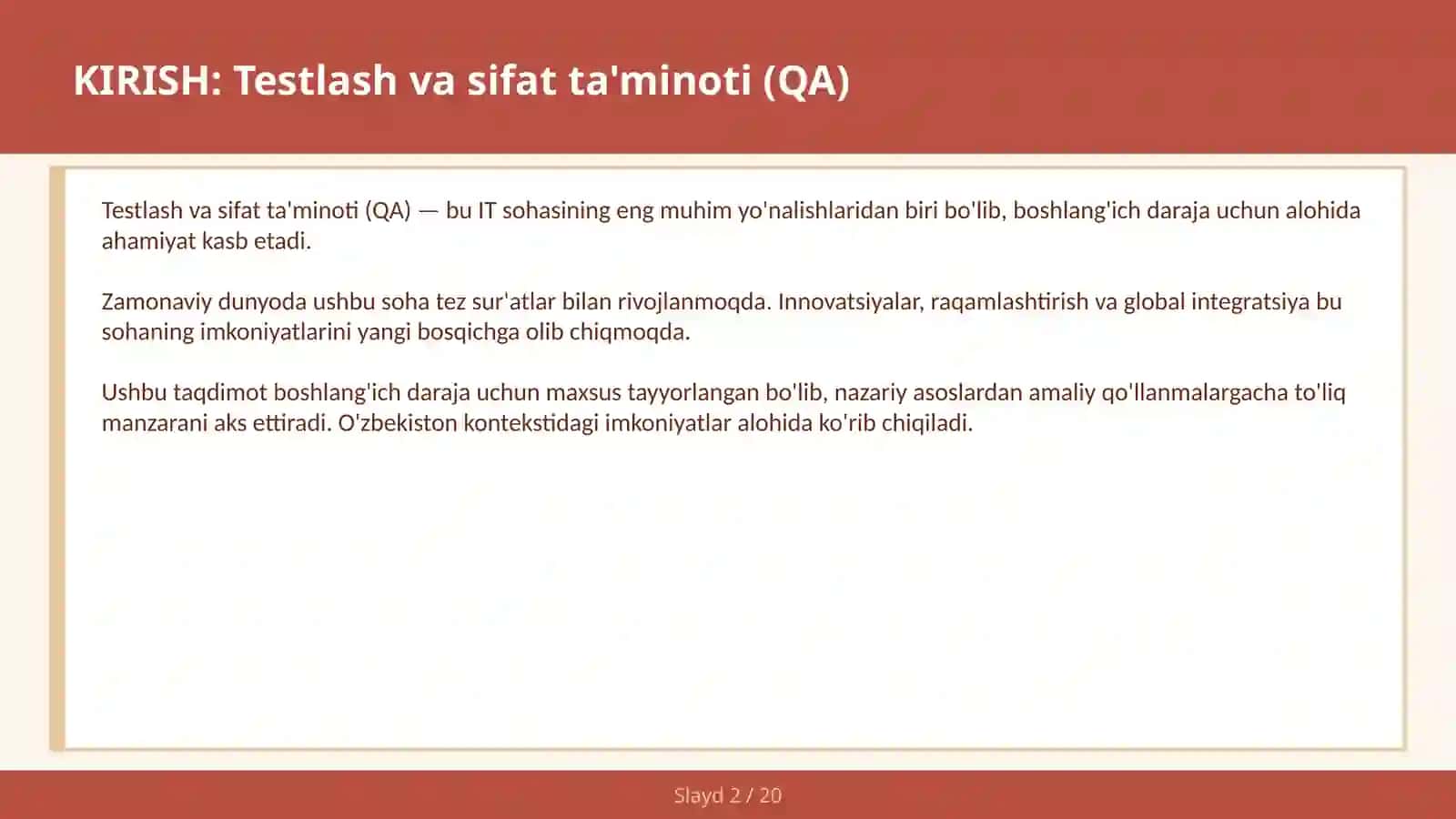 Testlash va sifat ta'minoti (QA) 2