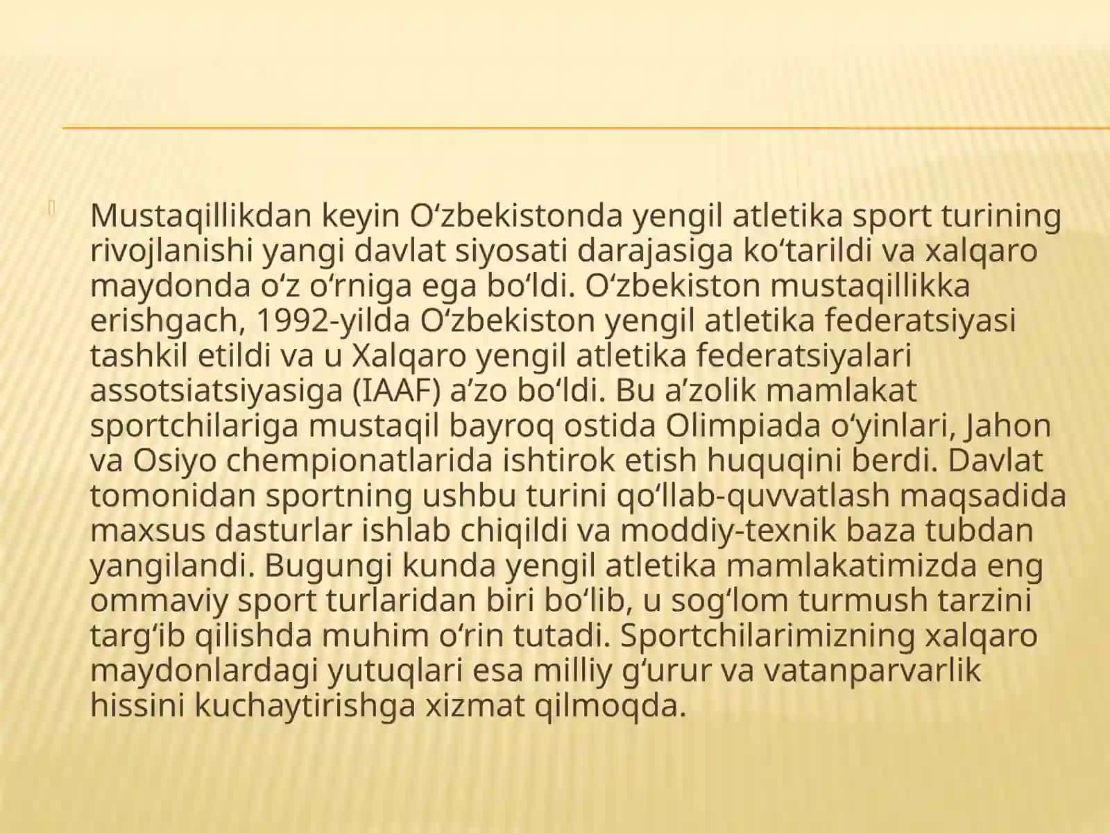 Mustaqillikdankeyin O‘zbekistonda yengil atletika sport turining rivojlanishi 2