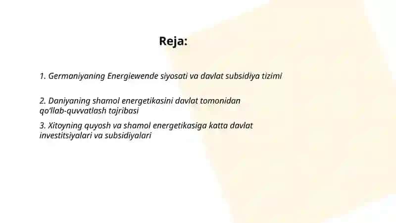 Yashil energetika ni davlat tomonidan qo‘llab- quvvatlashning xorij tajribasi 2