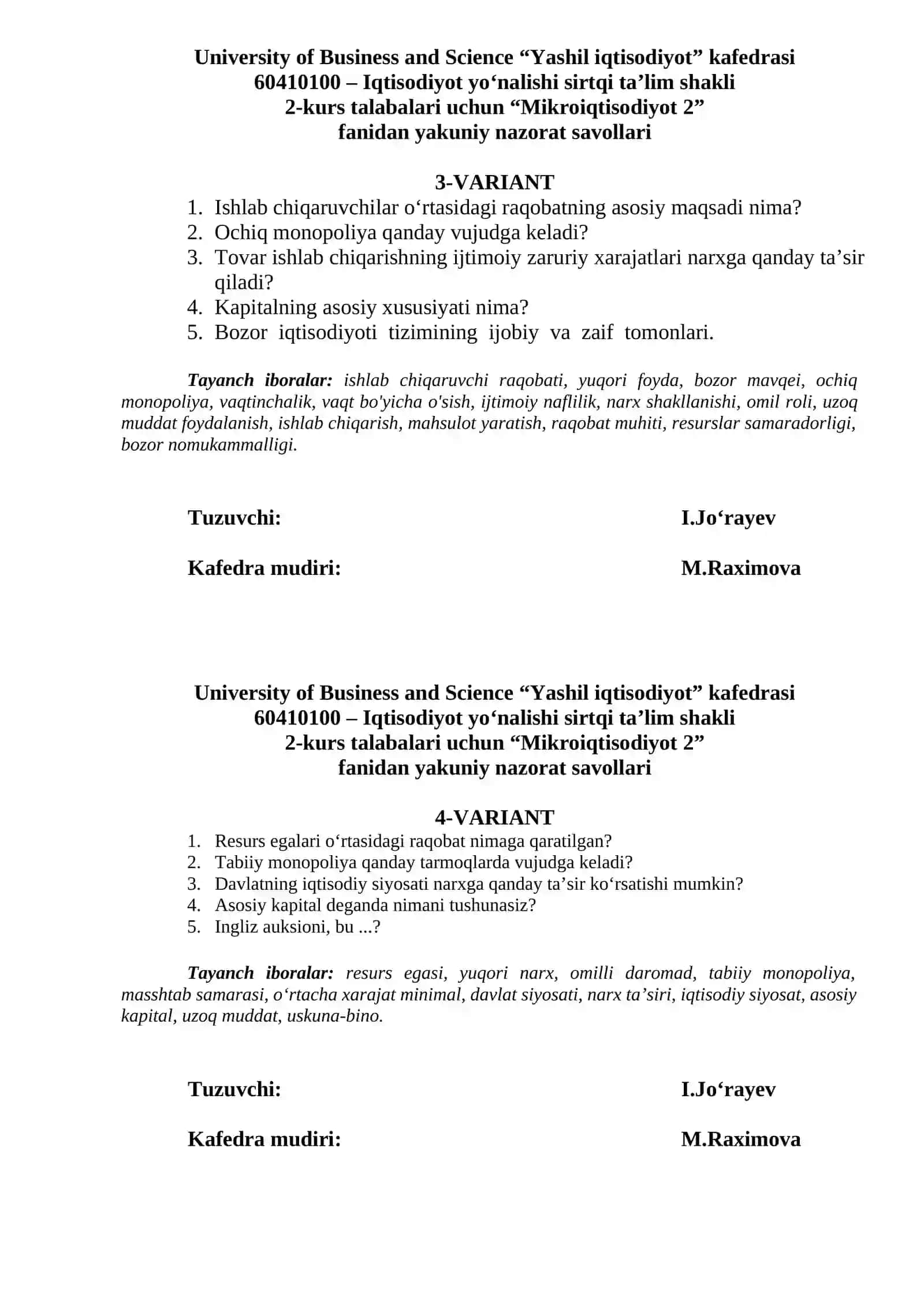 Mikroiqtisodiyot 2 Yakuniy nazorat savollari 2