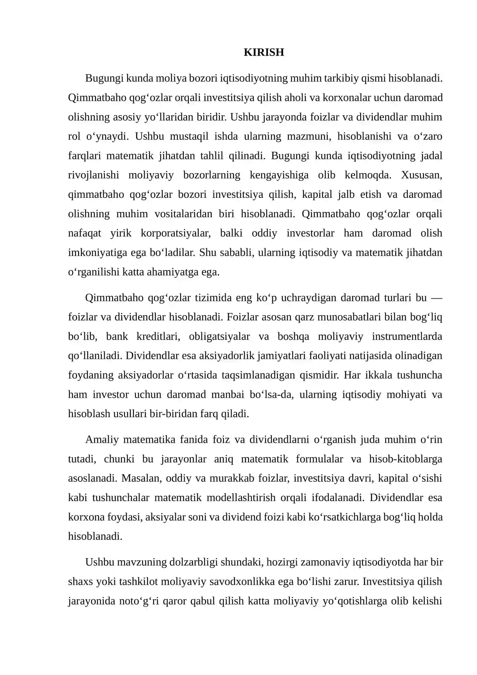 QIMMATBAHO QOG‘OZLAR BO‘YICHA FOIZLAR VA DIVIDENDLAR TAQQOSLANISHI 2