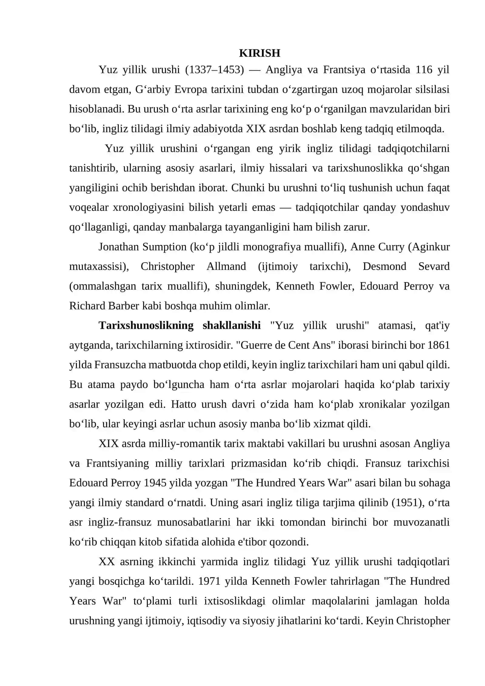 Yuz yillik urushi tarixiga oid ingliz tilidagi tadqiqotlarni o‘rganib referat tayyorlash 2