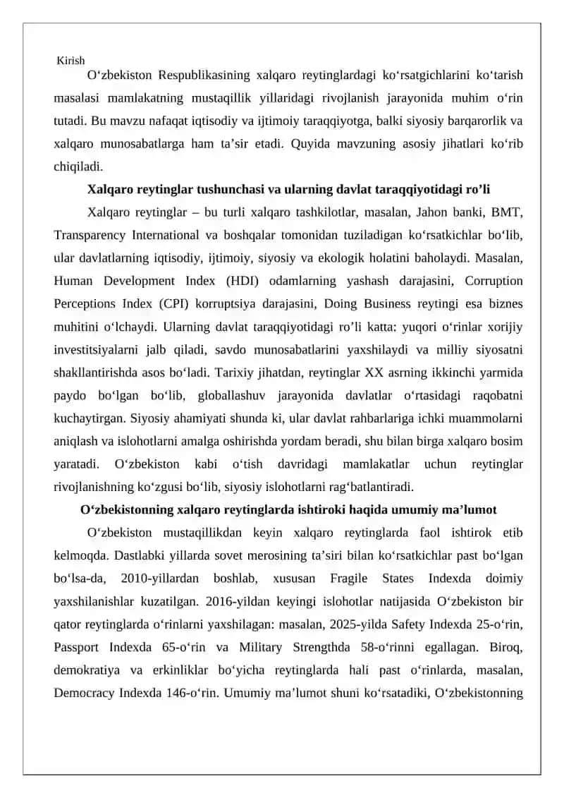 O‘zbekistonni xalqaro reytinglardagi ko‘rsatgichlarini ko‘tarishning tarixiy va siyosiy ahamiyati 2