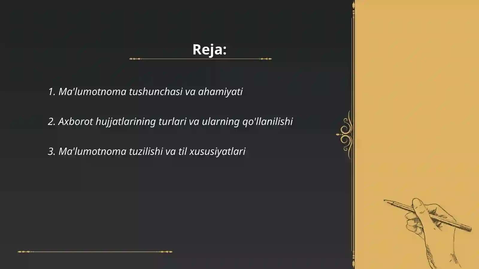 Ma'lumotnoma - axborot hujjatlari. Ma'lumot -axborot hujjatlarining til xususiyatlari va qo'llanishi, Dalolatnoma, ishonchnoma , ma'lumotnoma, tavsifnoma , tavsiyanoma, tarjimai hol, tilxat , tushuntirish xati, e'lon, hisob 2