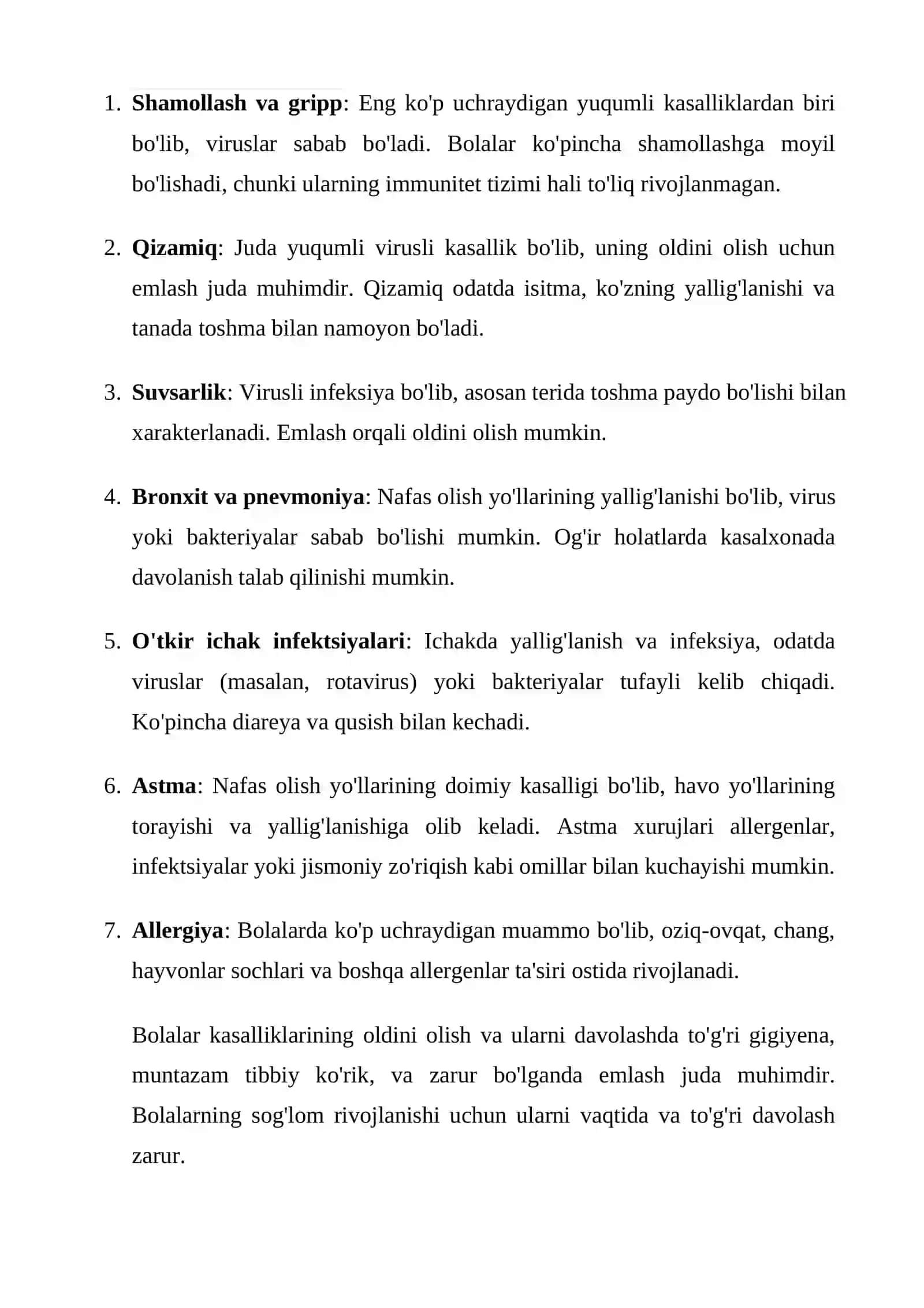 Xavfsizlik choralarini ko'rish, Tibbiy tadbirlar o'tkazish, bolalar kasalliklarining oldini olish 2