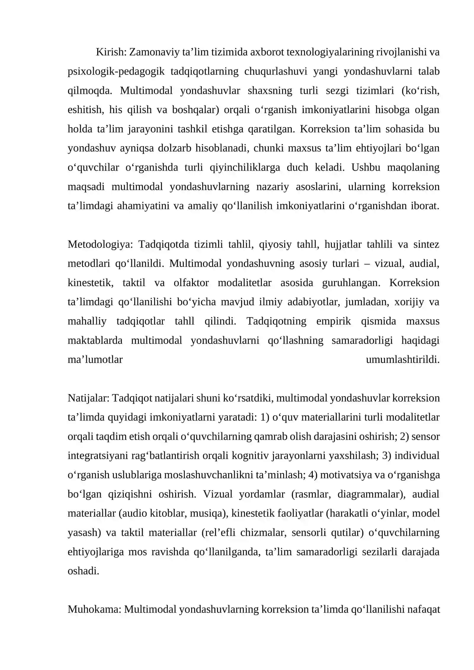 MULTIMODAL YONDASHUVLAR MAQSADI, VAZIFALARI, TURLARI VA ULARDAN KORREKSION TA’LIMDA FOYDALANISHNING IMKONIYATLARI 2