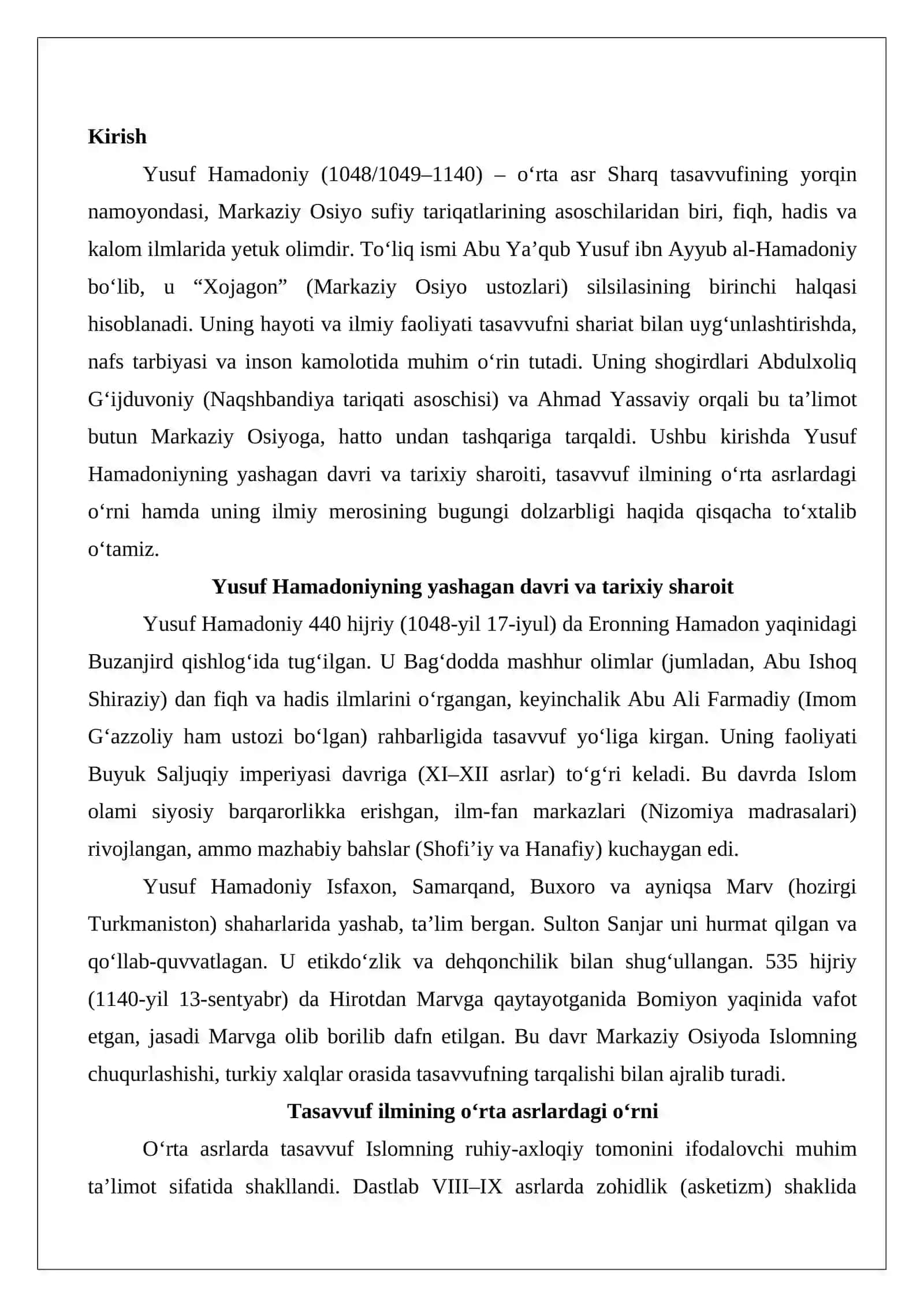 Yusuf Hamadoniy (1049-1140) ta’limotining oʻziga xos jihatlari. 2