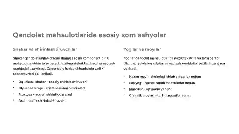 Qandolat mahsulotlari ishlab chiqarish: Xom ashyo va texnologiyalar 2