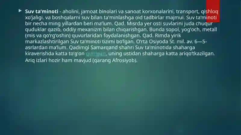 MAHALLIY VA MARKAZLASHGAN SUV TA’MINOTI HAQIDA TUSHUNCHA MAVZUSIDA TAYYORLAGAN ISHI 2