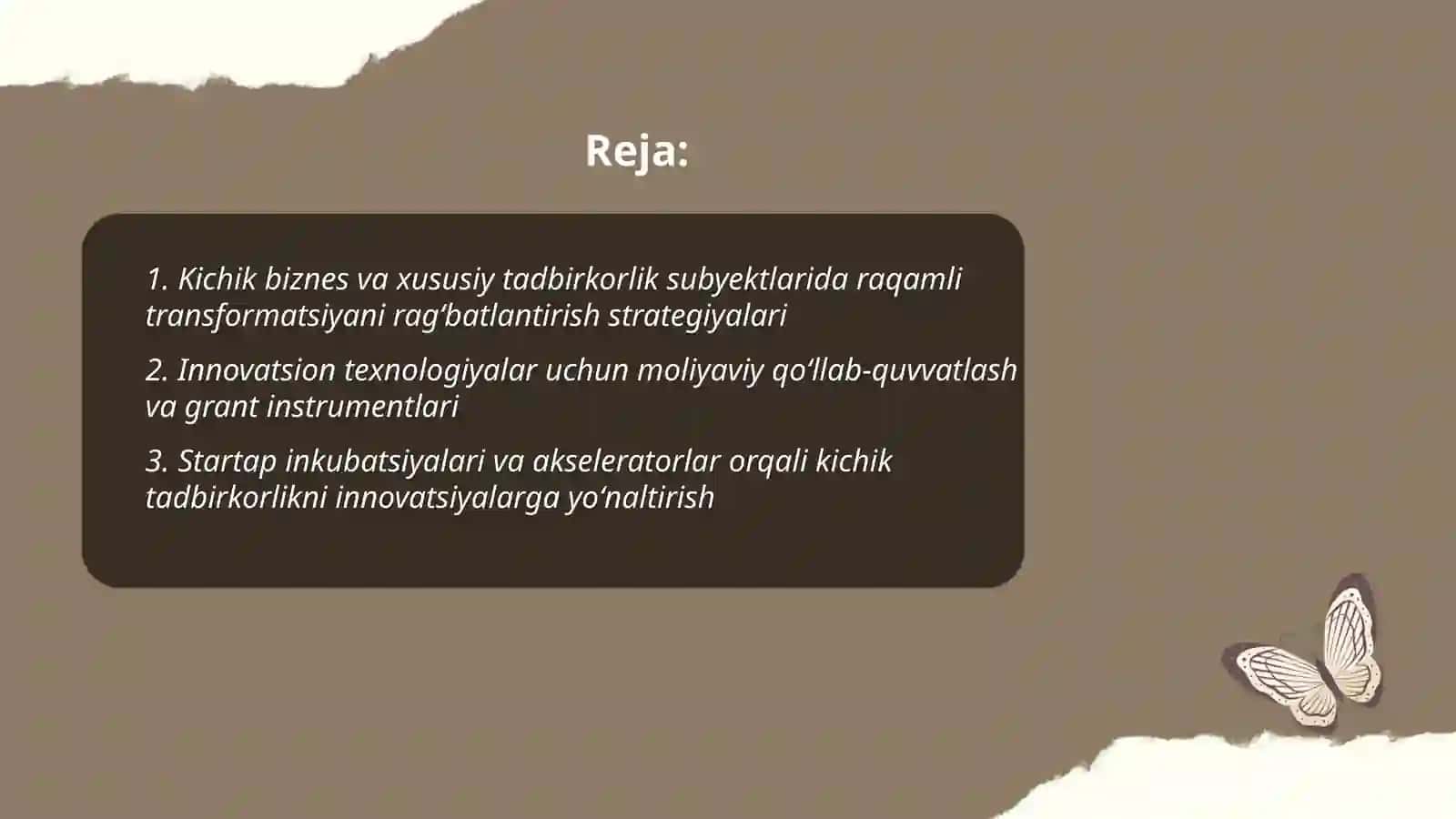 Kichik biznes va xususiy tadbirkorlik subyektlariga innovatsion texnologiyalarni tatbiq qilishni ragʻbatlantirish 2