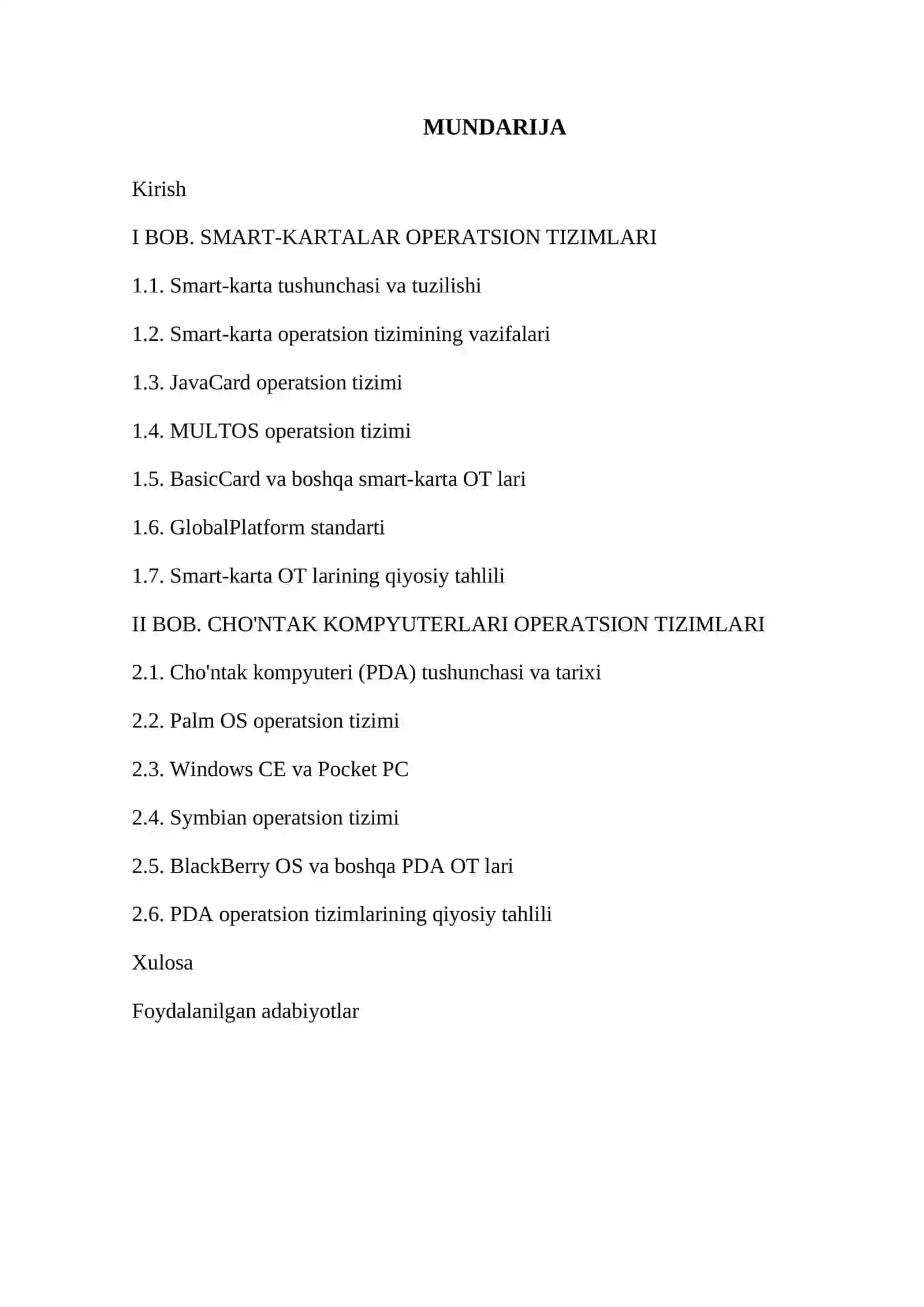 Smart-kartalar operatsion tizimlari va cho'ntak kompyuterlari operatsion tizimlari 2