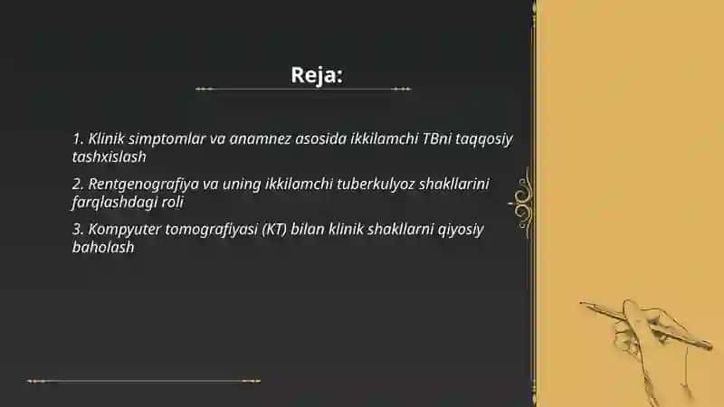 Ikkilamchi Tuberkulyoz klinik shakllarni qiyosiy tashhislashning asosiy usullari 2