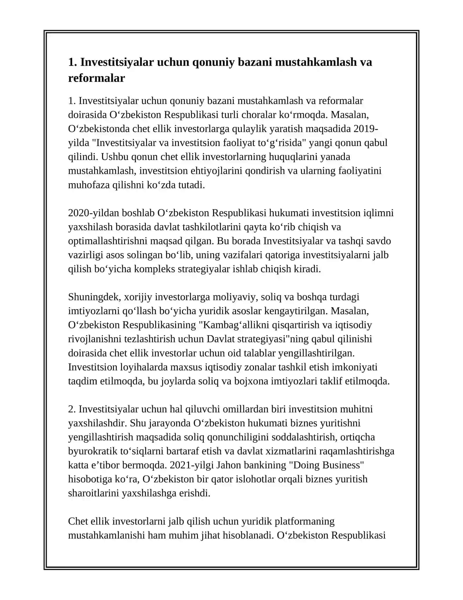 CHET ELLIK INVESTORLARNI INVESTITSIYALARI O‘ZBEKISTON RESPUBLIKASI HUDUDIGA JALB QILISH QANDAY YO‘LLAR BILAN AMALGA OSHIRILADI? 2