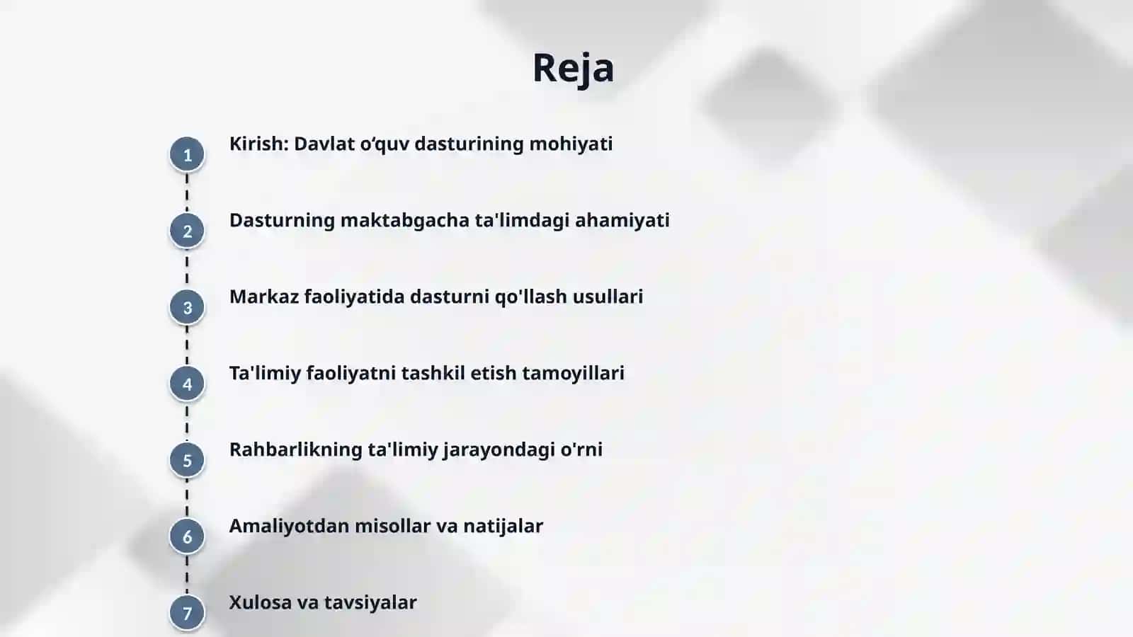 Ilk qadam davlat o‘quv dasturi va uningamaliyotdagi o‘rni .Maktabgacha ta‘limda markazlar faoliyatida olib boriladigan ishlar.Ta‘limiy faoliyatni tashkil etish va unga rahbarlik 2