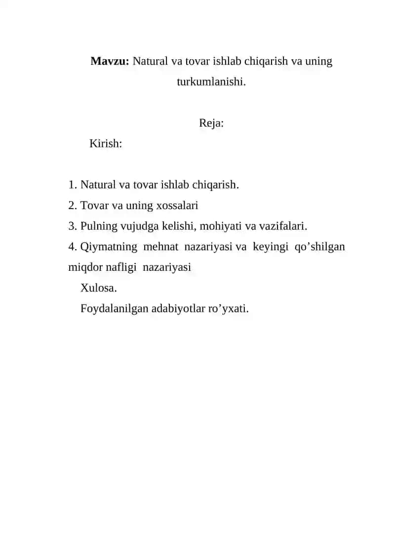 Natural va tovar ishlab chiqarish va uning turkumlanishi 2