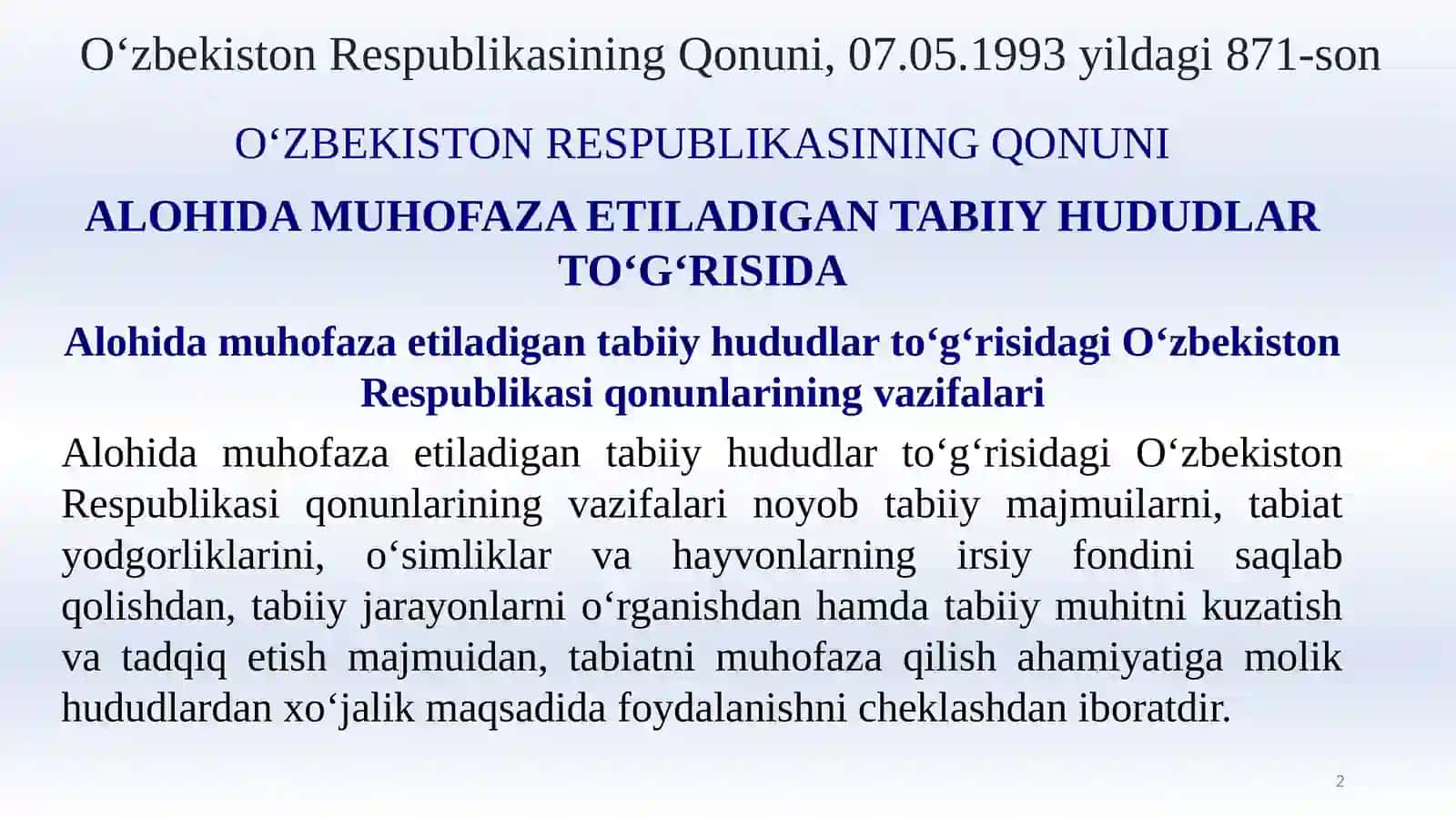 ALOHIDA MUHOFAZA ETILADIGAN HUDUD YERLARI HUQUQIY HOLATI TO’G’RISIDA TUSHUNCHA VA HUQUQIY HOLATINING UMUMIY XUSUSIYATLARI 2