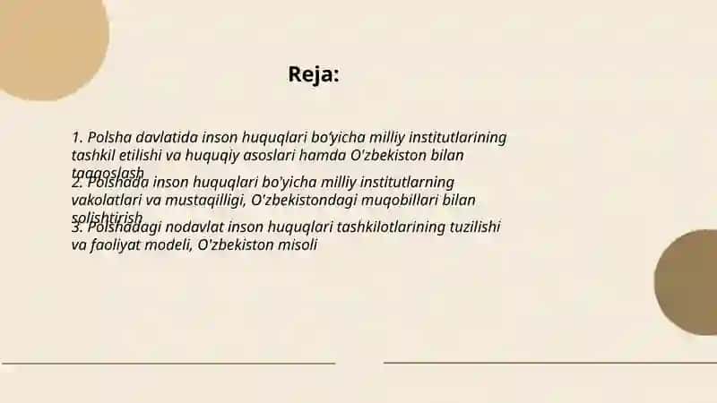 Polsha davlatida inson huquqlari boʻyicha milliy institutlar, nodavlat tashkilotlar hamda O'zbekiston bilan taqqoslash 2