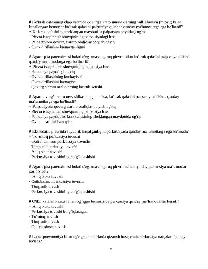 O'pka gangrenasiga qanday balg'am xos? Test 1 javobli 2