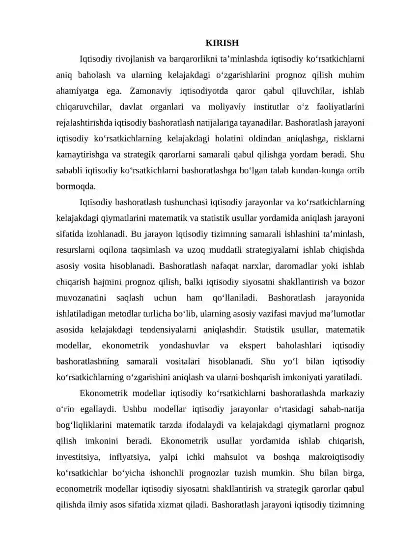 Iqtisodiy ko‘rsatkichlarni bashoratlashda ekonometrik modellaridan foydalanish. Iqtisodiy bashoratlash. Normativ prognozlar. Bashoratlash usullari va uning turlari. 2