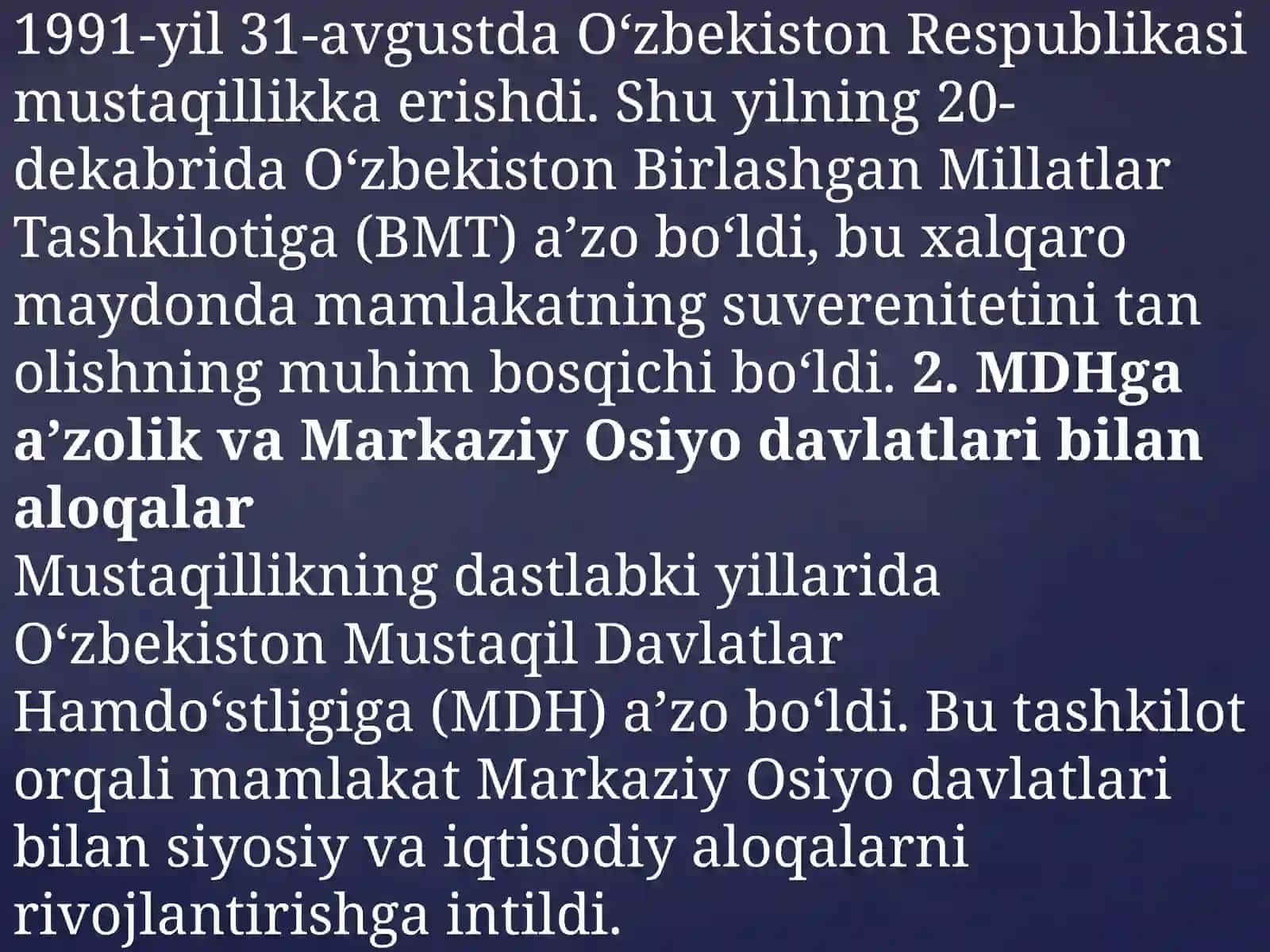 Mustaqillikning dastlabki yillari davrasida shu yolg'a qo'yilishi 2