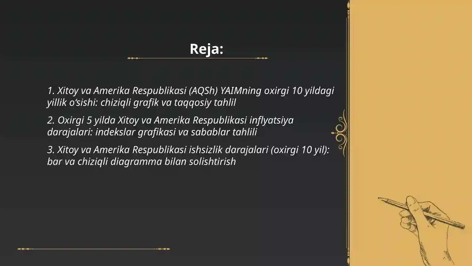 Xitoy va Amerika Respublikasi oxirgi 5-10 yillik YAIM, inflyatsiya darajasi grafik, ishsizlik ko'rsatkichlarini diagramma yoki grafik tayyorlash, O'sish yoki pasayish sabablarini tahlil qilish 2