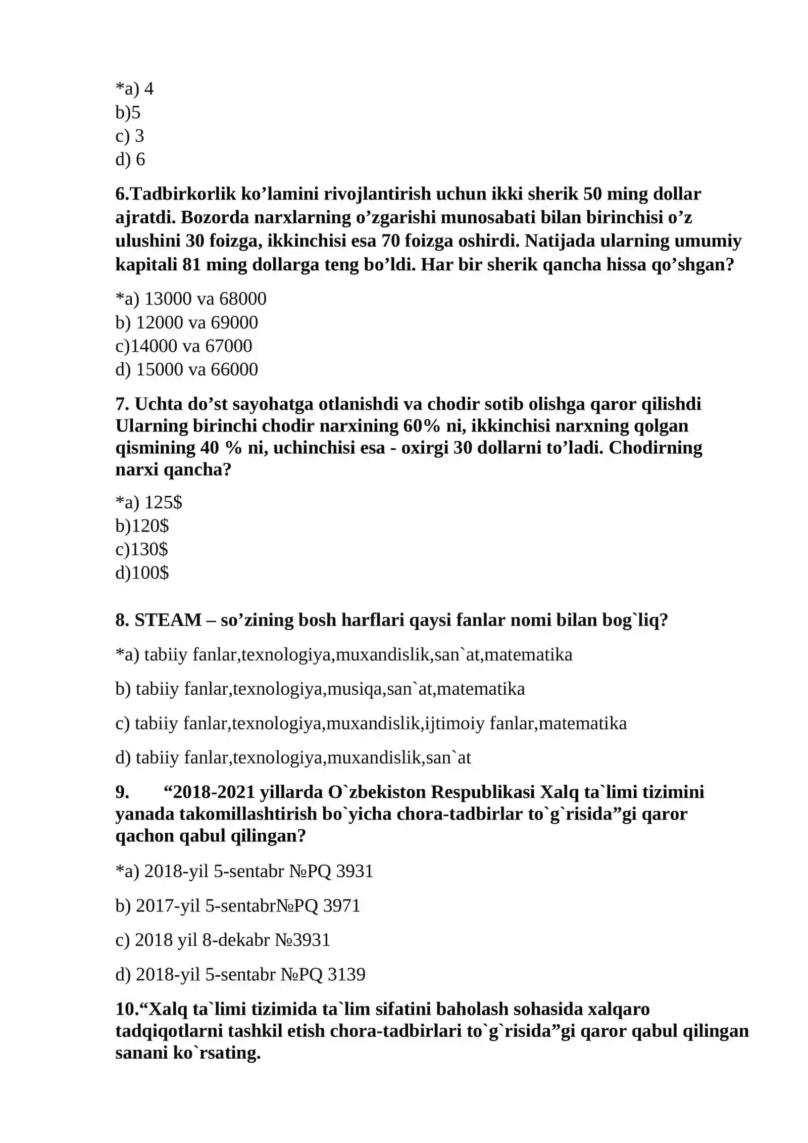 Matematika o’qituvchilari malakasini oshirish kursi tinglovchilarining yakuniy attestatsiyasi sinovi (chiqish testi)ni o’tkazish uchun “Mutaxassislik fanlari” blokiga kiruvchi o’quv modullari bo’yicha tavsiya etiladigan test savollari 2