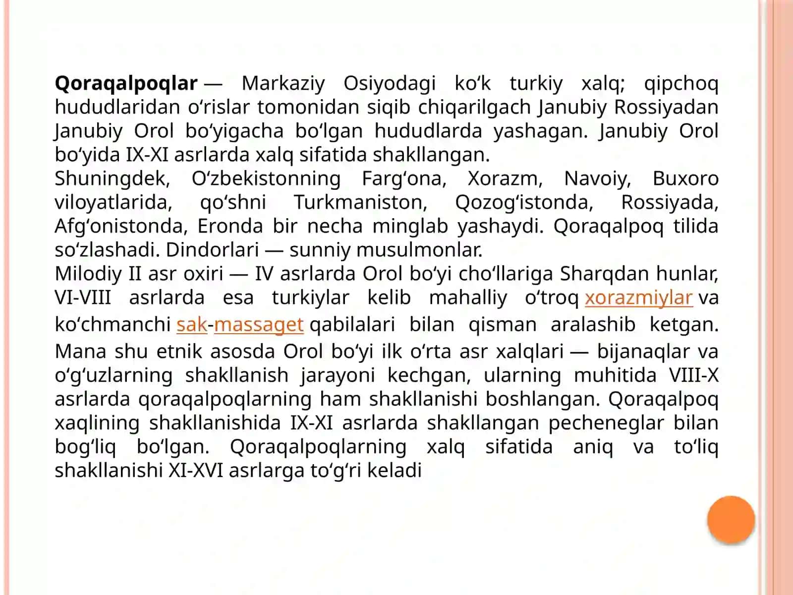 XIX asr oxiri – XX asr boshlarida qoraqalpoqlarning siyosiy, ijtimoiy-iqtisodiy hayoti. XIX asr oxiri – XX asr boshlarida qoraqalpoqlarning madaniy hayoti. 2