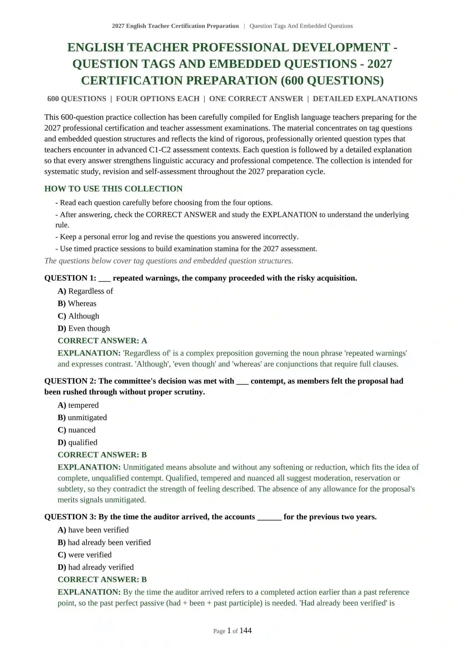 2027 English Teacher Certification Preparation | Question Tags And Embedded Questions 2