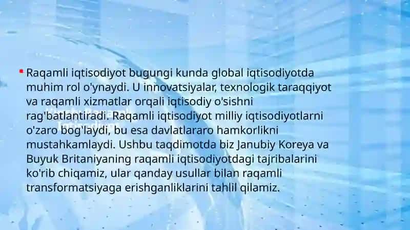 Raqamli iqtisodiyotning horijiy tajribasi [Janubiy Koreya va Buyuk Britaniya raqamli iqtisodiyoti] 2