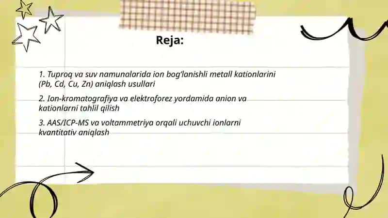 Tuproq va suvning ifloslanishida ion bogʻlanishli birikmalarni aniqlab, ulardan tozalash usulini ishlab chiqarish 2