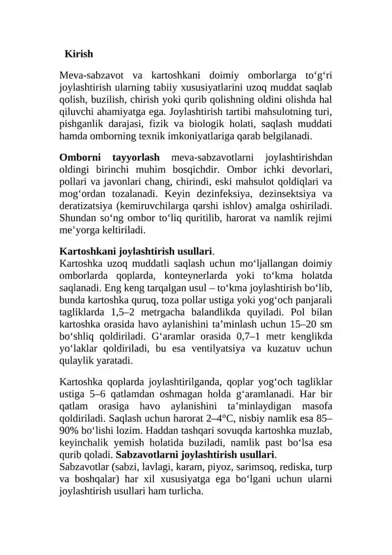 Mеva-sabzavоt  va kartоshkani  dоimiy  оmbоrlarga  jоylashtirish usullari. 2