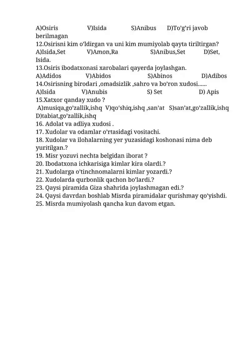 6 sinflar uchun tarix fanidan testlar ( II chorak) 2