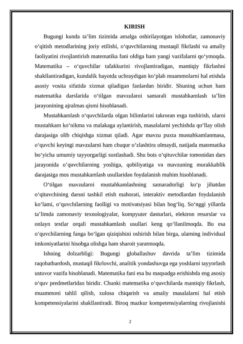 UMUM TA’LIM MAKTABLARI MATEMATIKA DARSLARIDA O‘TILGAN MAVZUNI MUSTAHKAMLASH METODIKASI 2