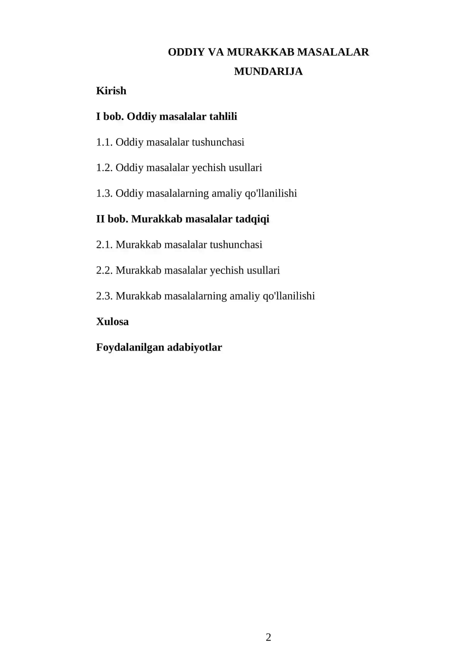 Oddiy va murakkab masalalar KURS ISHI 2