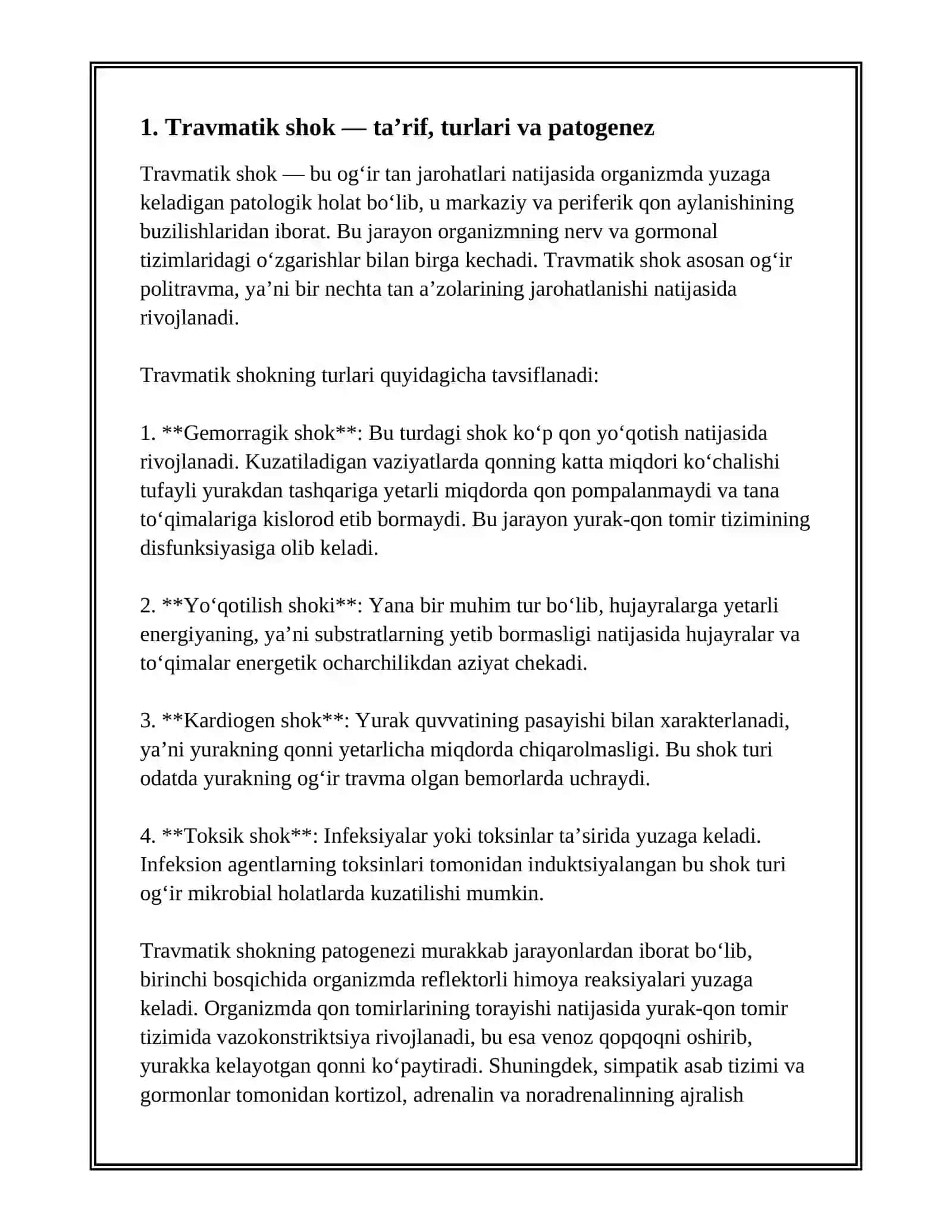 TRAVMATIK SHOK. POLITRAVMA. OCHIQ SINISHLAR. TRAVMA ASORATLARI 2