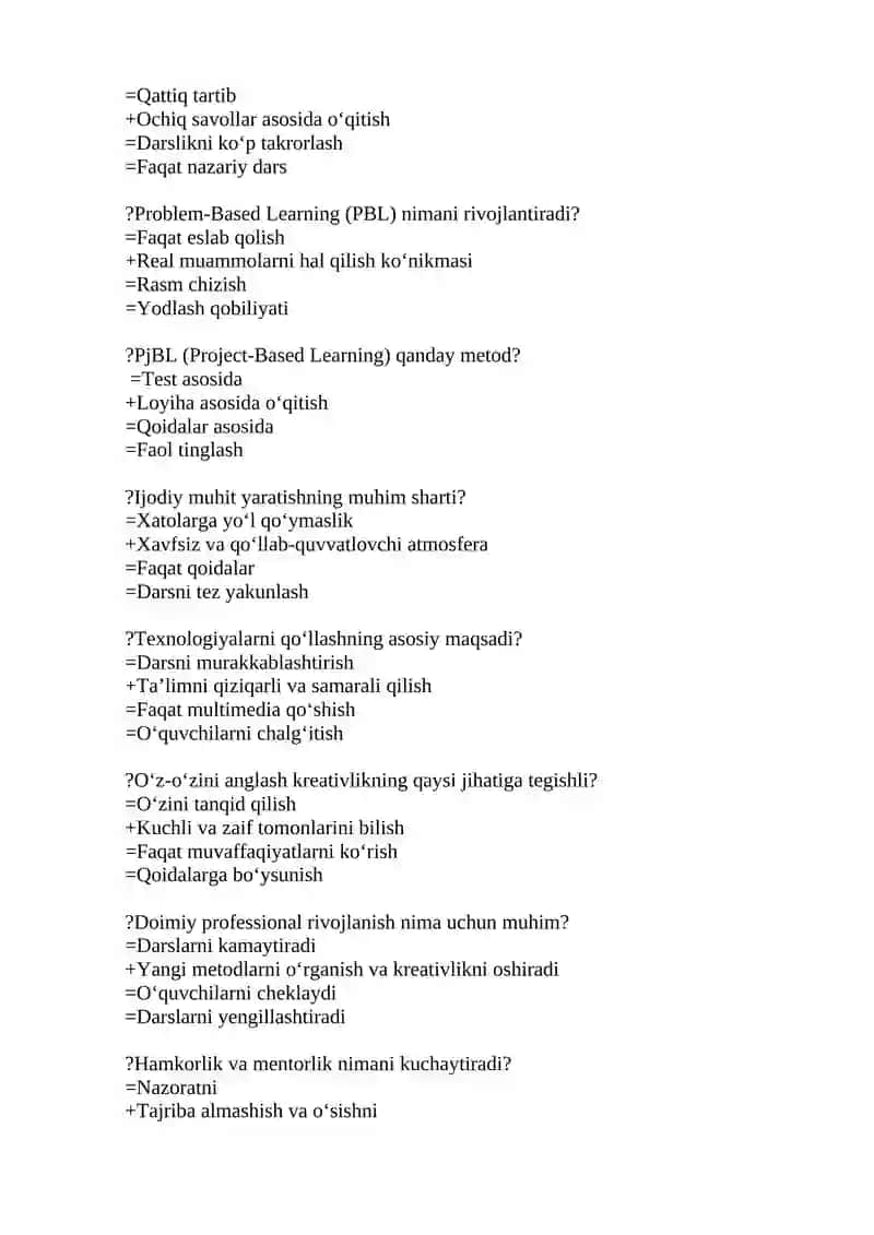“GENERAL PEDAGOGY” fanidan UZB yo‘nalishi talabalari uchun test 2