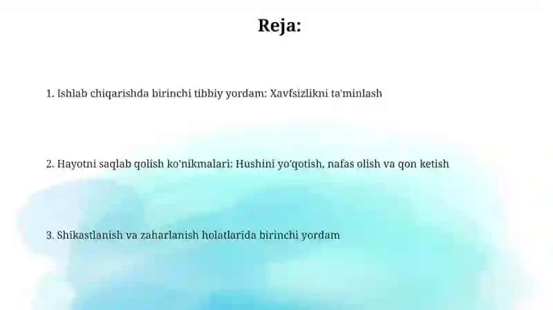 Ishlab chiqarish maydonlarida birinchi tibbiy yordam ko'rsatish usullarini o'rganish 2