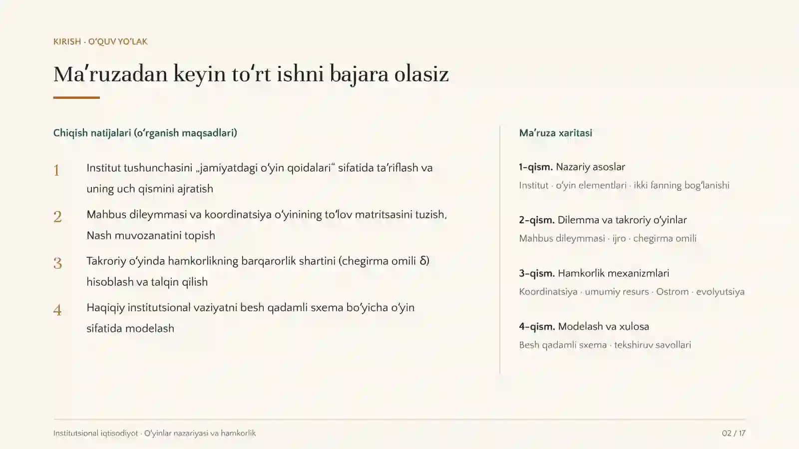Institutsional iqtisodiyotda oʻyinlar nazariyasi va oʻzaro hamkorlikni modellashtirish 2