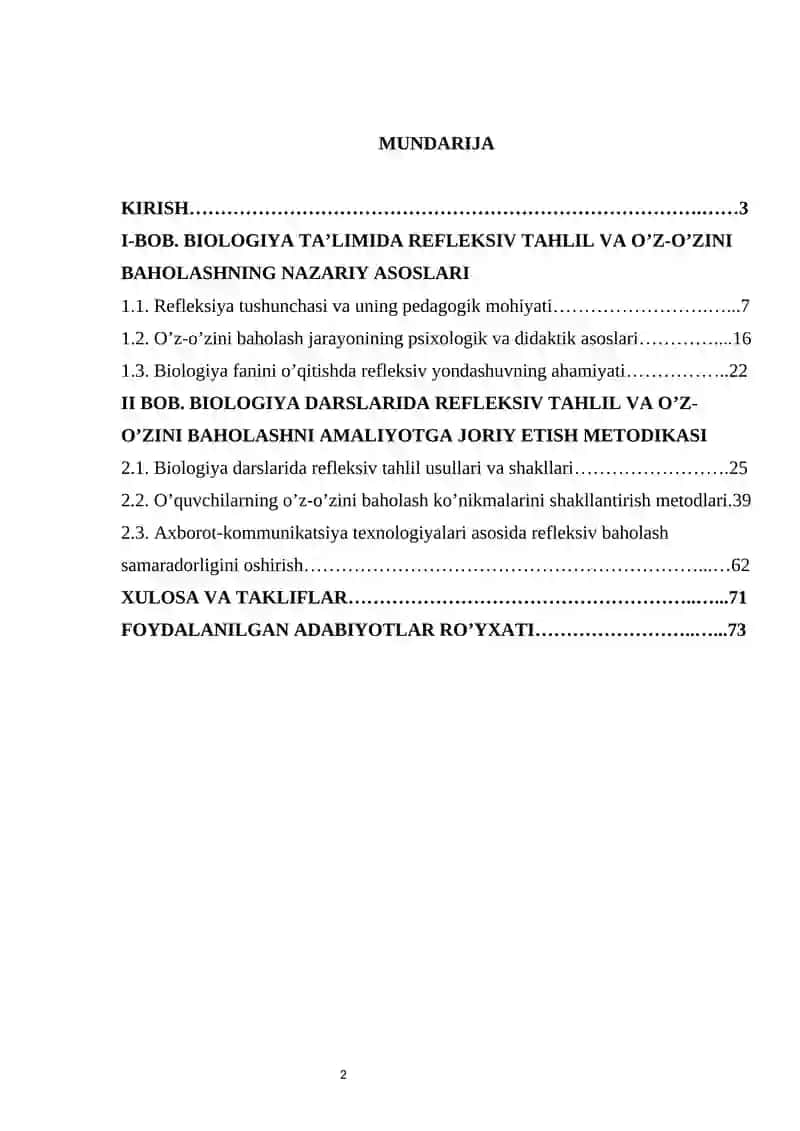 BIOLOGIYA DARSLARIDA REFLEKSIV TAHLIL VA O’Z-O’ZINI BAHOLASH kurs ishi 2