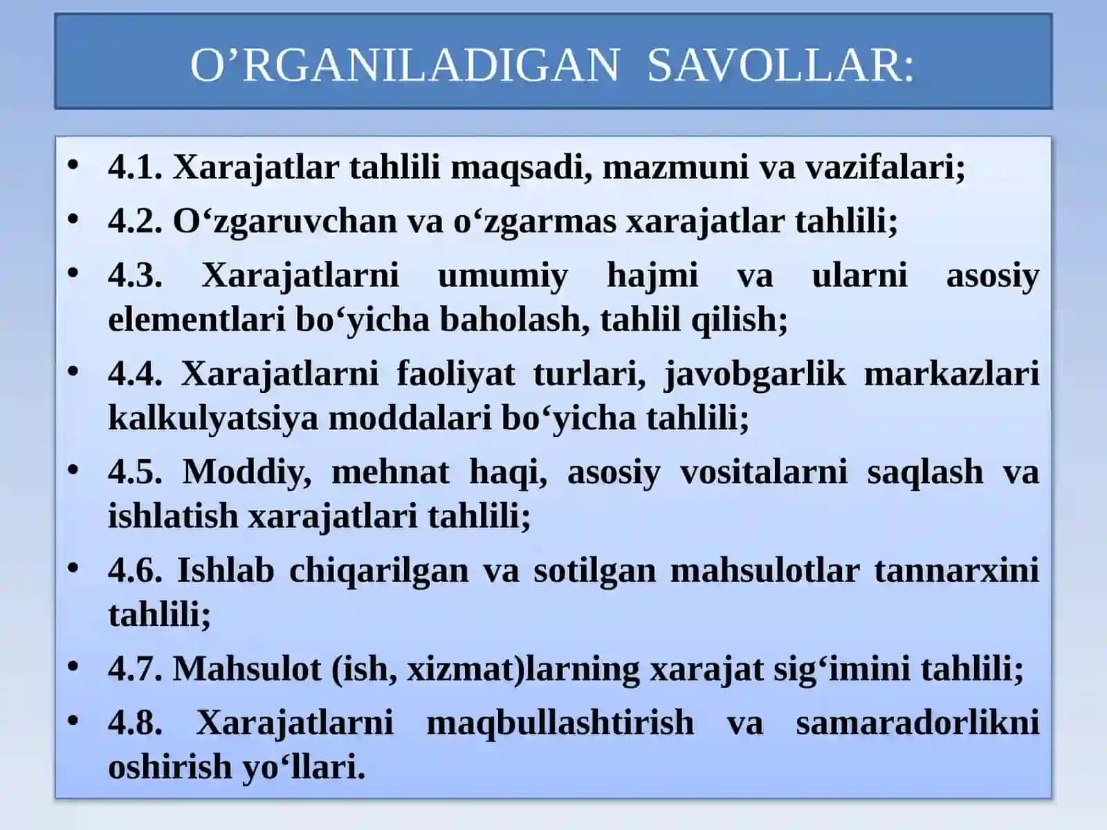 ISHLAB CHIQARISH VA DAVR XARAJATLARI TAHLILI 2