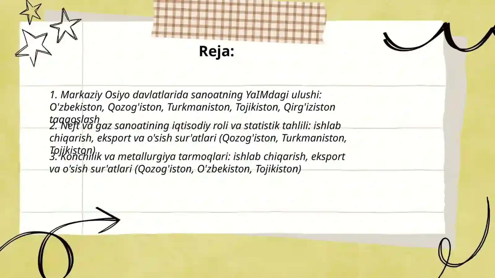 Markaziy Osiyo davlatlari O'zbekiston Qozog'iston, Turkmaniston,Tojikiston, Qirg'iziston davlatlari yetakchi sanoat tarmoqlarining o'rni va statistik tahlili va o'sish suratlarini o'rganish 2