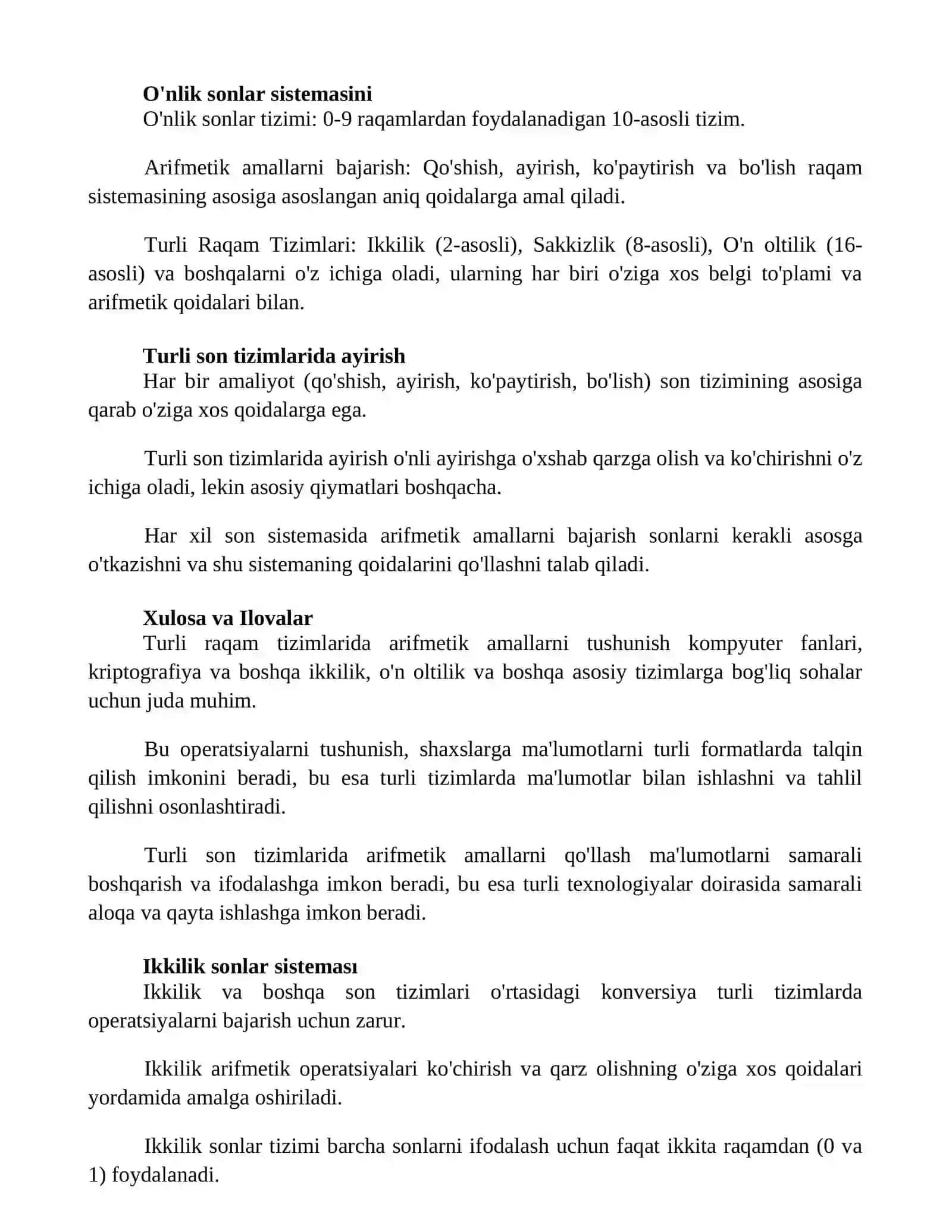Raqam tizimlari bo'limlarida arifmetik amallar 2