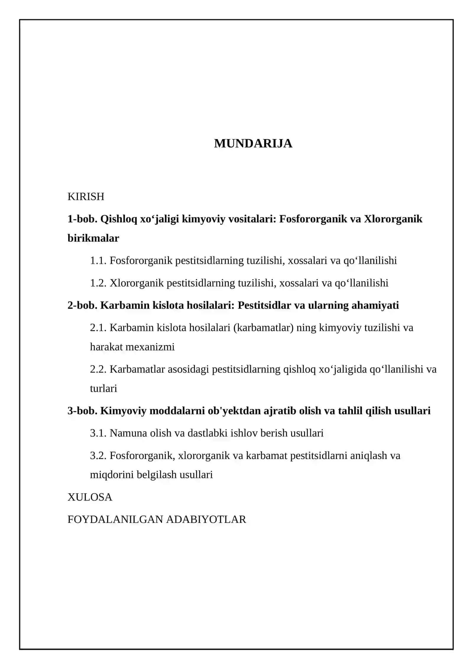 Qishloq xoʻjaligi ximikatlari Fosfororganik va Xlororganik karbamin kislota hosilalari. Ularni obʼyektdan ajratib olish va tahlil usullari 2