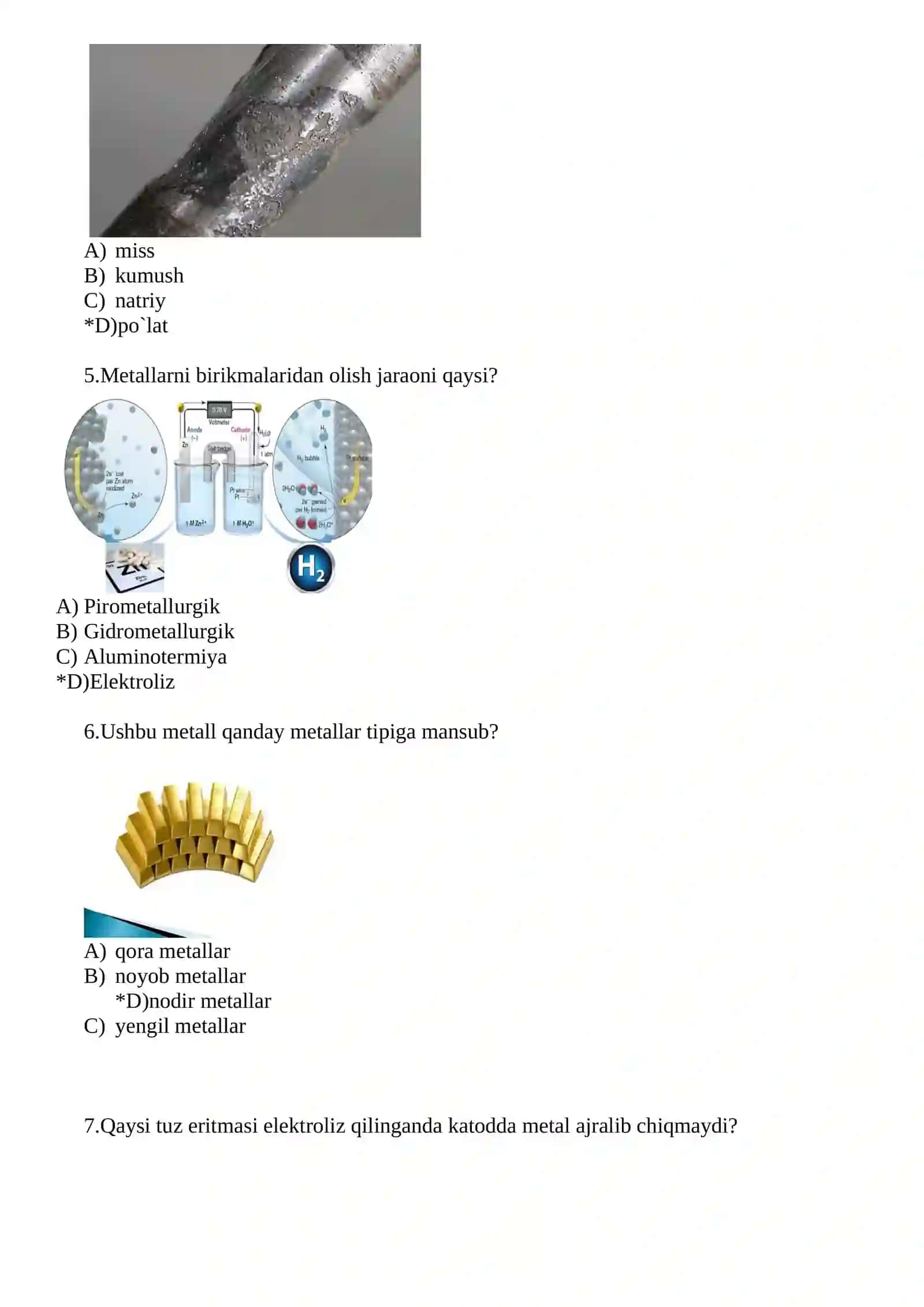 Kimyo test, javoblari bilan 2